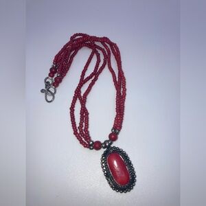 Vtg Boho Red Wood Bead Necklace & Pendant Silver Tone Metal 17” + 1.5” Pendant